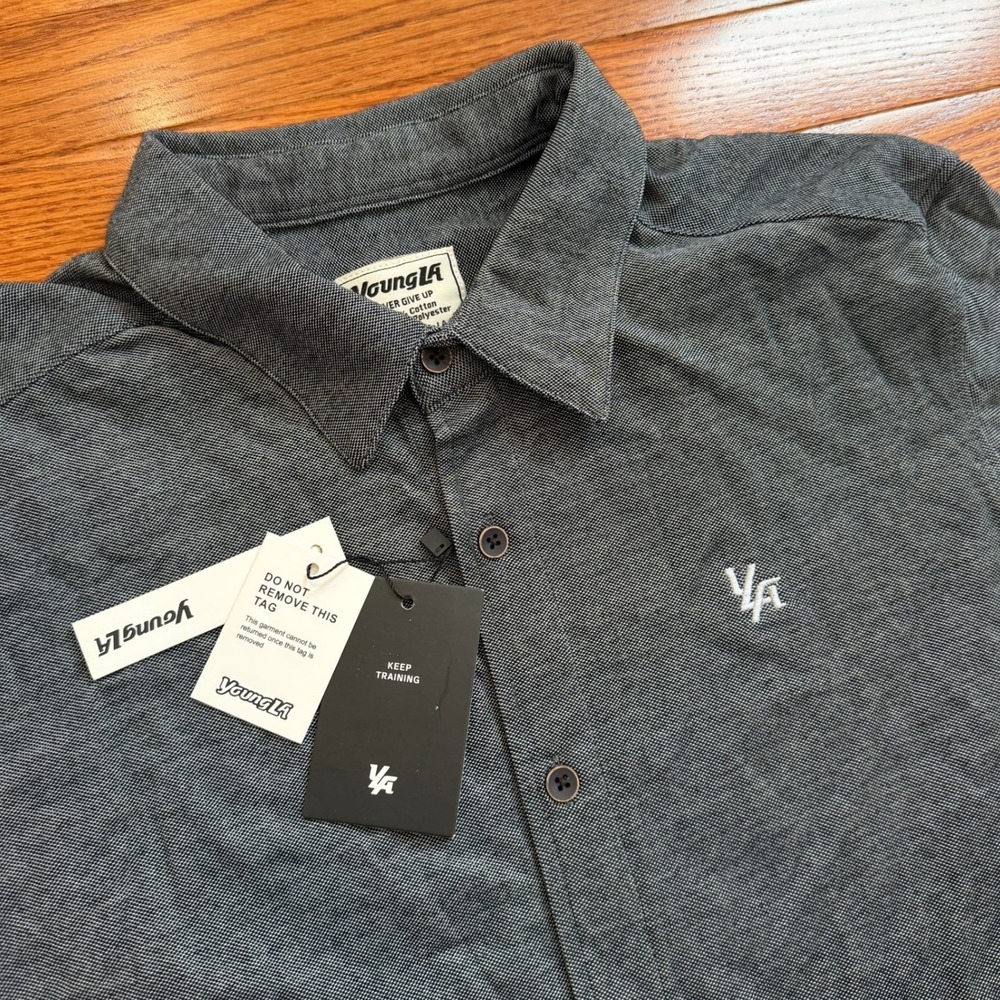 New YoungLA Button-Down Shirt Mens Medium Slim Fit Gray Long Sleeve Casual